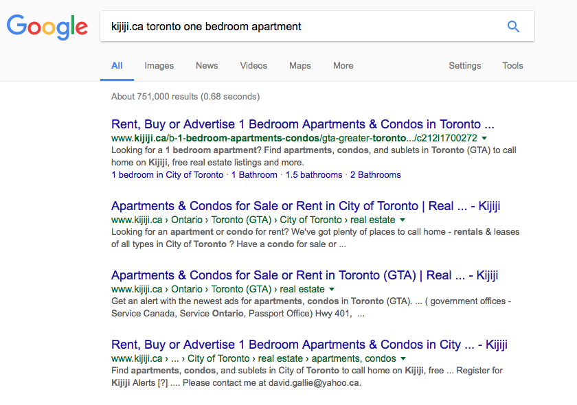 kijiji one bedroom apartment search results
